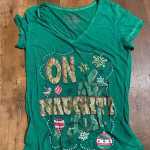 Green Short Sleeve Tee with Festive Print